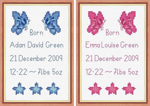 Butterflies & Stars - Baby Boy/Girl Birth Sampler/Announcement - 14 Count Cross Stitch