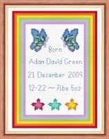 Butterflies & Stars, Border ~ Baby Boy/Girl Birth Sampler/Announcement ~ 14 Count Cross Stitch Kit
