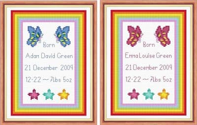 Butterflies & Stars, Border ~ Baby Boy/Girl Birth Sampler/Announcement ~ 14 Count Cross Stitch Kit
