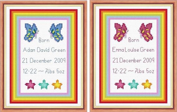 Butterflies & Stars, Border ~ Baby Boy/Girl Birth Sampler/Announcement ~ 14 Count Cross Stitch Kit