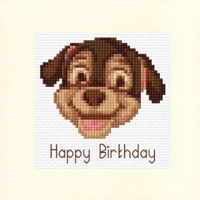 Cartoon Brown Dog: Happy Birthday 14ct Cross Stitch Card Kit | Square 5.5