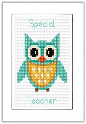 Cartoon Owl, Aqua or Green ~ Special Teacher/Leaving A6 Card ~ 14 Count Cross Stitch Kit