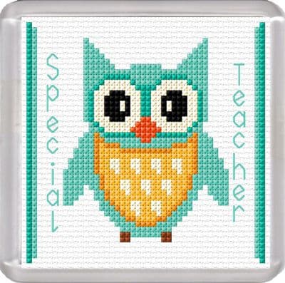 Cartoon Owl Coaster: Special Teacher (Aqua) Counted Cross Stitch Kit | 16ct 3.8