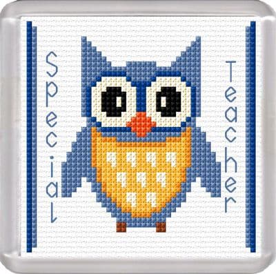 Cartoon Owl Coaster: Special Teacher (Blue) Counted Cross Stitch Kit | 16ct 3.8