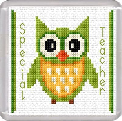 Cartoon Owl Coaster: Special Teacher (Green) Counted Cross Stitch Kit | 16ct 3.8