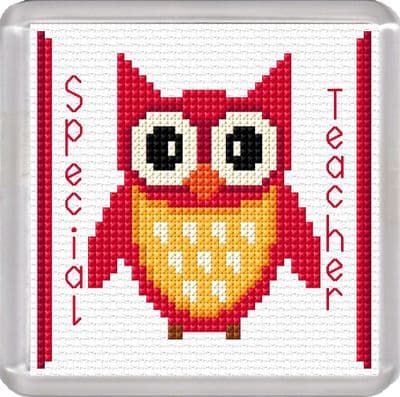 Cartoon Owl Coaster: Special Teacher (Red) Counted Cross Stitch Kit | 16ct 3.8