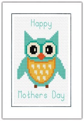 Cartoon Owl: Happy Mothers Day (Aqua or Green) Cross Stitch Card Kits | 14ct A6