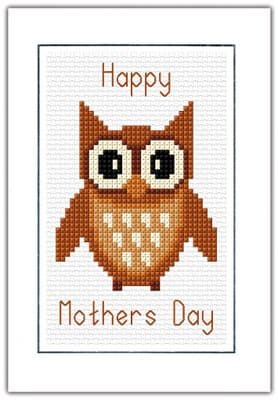 Cartoon Owl: Happy Mothers Day (Brown) Cross Stitch Card Kit | 14ct A6