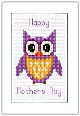 Cartoon Owl: Happy Mothers Day (Purple or Blue) Cross Stitch Card Kits | 14ct A6