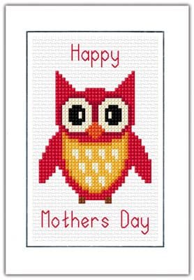 Cartoon Owl: Happy Mothers Day (Red or Pink) Cross Stitch Card Kits | 14ct A6