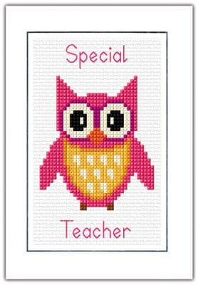 Cartoon Owl, Pink  or Red ~ Special Teacher/Leaving A6 Card ~ 14 Count Cross Stitch Kit