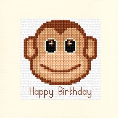 Cheeky Cartoon Monkey: Happy Birthday Cross Stitch Card Kit | 14ct or 16ct Square 5.5