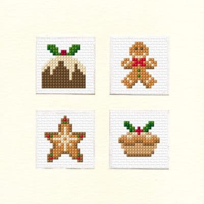 Christmas Food: Pudding, Gingerbread, Star Cookie & Mince Pie Cross Stitch Card Kit | 14ct Square