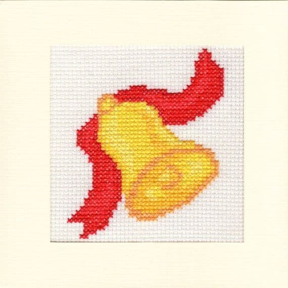 Christmas Golden Bell & Red Ribbon ~ Cross Stitch 5.5
