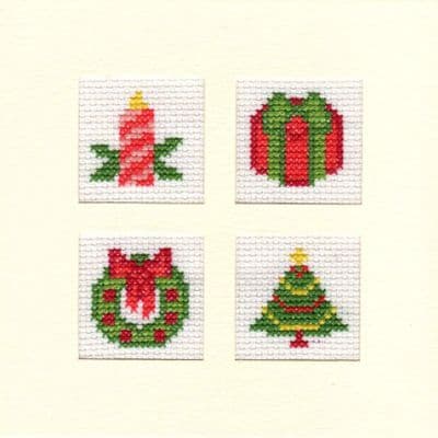 Christmas Novelties 1 (Candle, Present, Wreath & Tree), Square Cross Stitch Card Kit