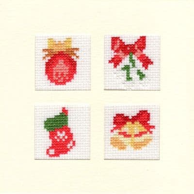 Christmas Novelties 2: Bauble, Mistletoe, Stocking & Bell  Cross Stitch Card Kit | 14ct Square 5.5