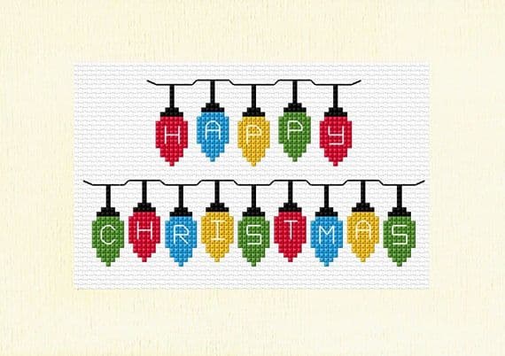 Colourful Christmas Lights Cross Stitch Card Kit | Happy or Merry Christmas 14ct A5