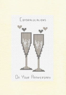Congratulations On Your Anniversary: Champagne Glasses, Grey/Silver Cross Stitch A5 Card Kit