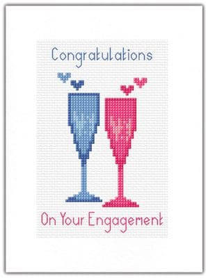 Congratulations On Your Engagement, Champagne Glasses  in Blue & Pink Cross Stitch A5 Card Kit