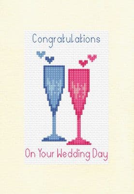 Congratulations On Your Wedding Day, Champagne Glasses  in Blue & Pink Cross Stitch A5 Card Kit