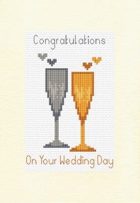 Congratulations On Your Wedding Day, Champagne Glasses  in Silver & Gold Cross Stitch A5 Card Kit