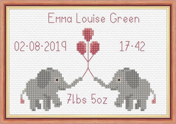 Cute Baby Elephants + Balloons - Baby Birth Sampler/Announcement - 14 Count Cross Stitch