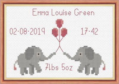 Cute Baby Elephants + Balloons ~ Baby Birth Sampler/Announcement ~ 14 Count Cross Stitch