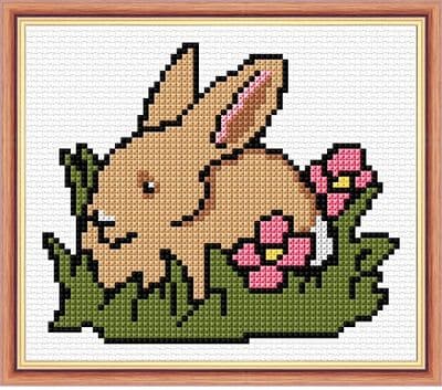 Cute Brown Bunny Rabbit & Flowers: Counted Cross Stitch Mini Kit | 14ct 4.7