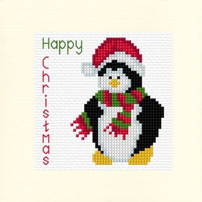 Cute Penguin: Happy or Merry Christmas Cross Stitch Card Kit | 14ct Square 5.5