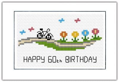 Cycling Amongst the Flowers: Happy 60th Birthday Cross Stitch Card Kit | 14ct A6