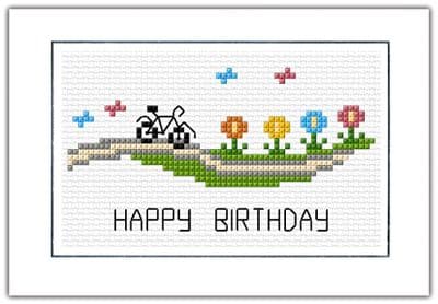 Cycling Amongst the Flowers, Happy Birthday ~ 14 Count Cross Stitch Card Kit