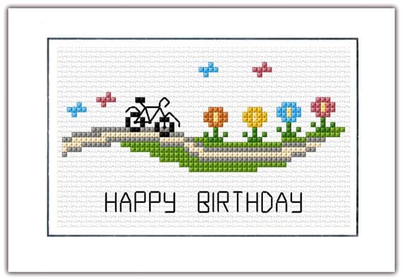 Cycling Amongst the Flowers, Happy Birthday ~ 14 Count Cross Stitch Card Kit