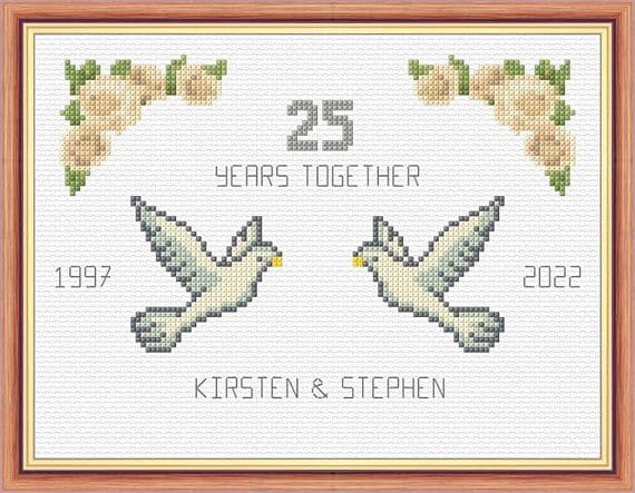 Doves + Roses: 25th, Silver Grey Wedding Anniversary, 14 Count Cross Stitch Sampler Kit