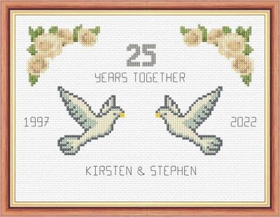 Doves + Roses: 25th, Silver Wedding Anniversary 2000~2025, 14 Count Cross Stitch Sampler Kit