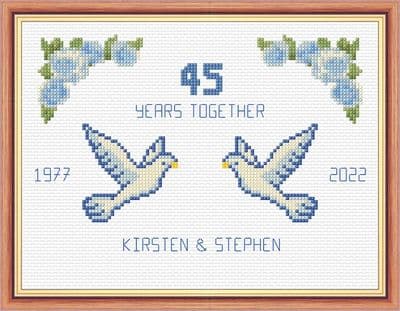 Doves + Roses: 45th, Sapphire Blue Wedding Anniversary,  14 Count Cross Stitch Sampler Kit