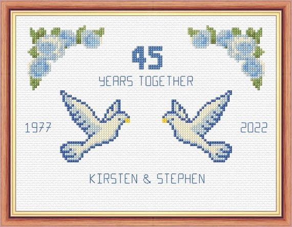 Doves + Roses: 45th, Sapphire Blue Wedding Anniversary,  14 Count Cross Stitch Sampler Kit