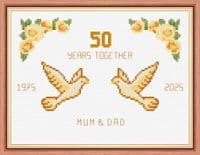 Doves + Roses: 50th, Golden Wedding Anniversary,  14 Count Cross Stitch Sampler Kit