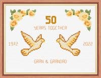 Doves + Roses: 50th, Golden Wedding Anniversary,  14 Count Cross Stitch Sampler Kit