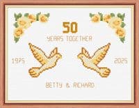 Doves + Roses: 50th, Golden Wedding Anniversary,  14 Count Cross Stitch Sampler Kit