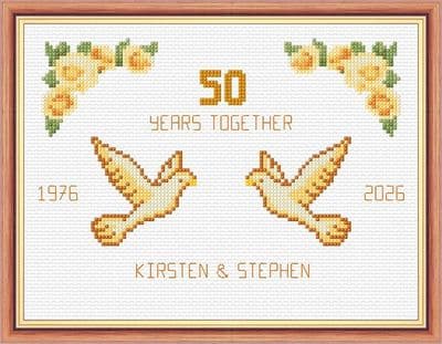 Doves + Roses: 50th, Golden Wedding Anniversary,  14 Count Cross Stitch Sampler Kit