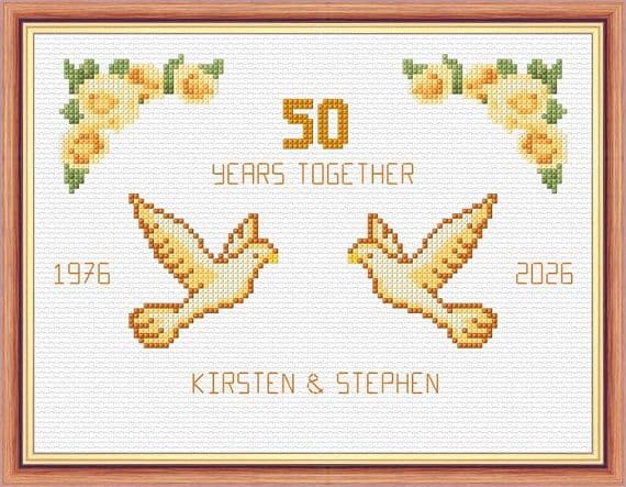 Doves + Roses: 50th, Golden Wedding Anniversary,  14 Count Cross Stitch Sampler Kit