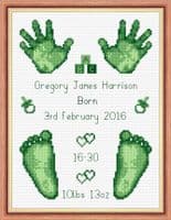 Hands & Feet  - Baby Boy Green Birth Sampler/Announcement - 16 Count Cross Stitch