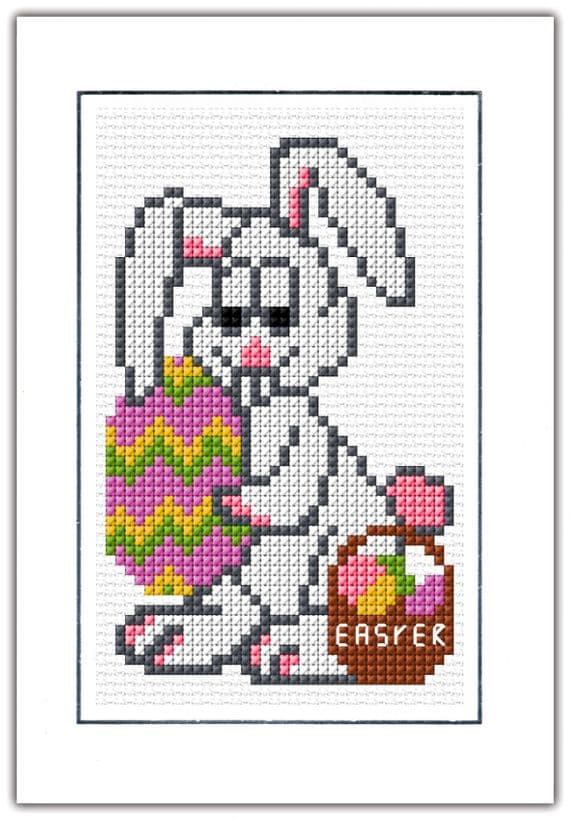 Easter Bunny & Egg Basket Card ~ 14 Count Cross Stitch Kit