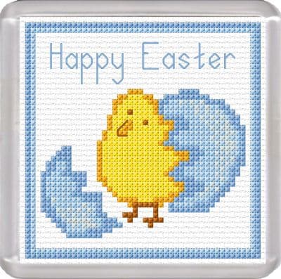 Easter Chick & Blue Shell Coaster: Happy Easter Counted Cross Stitch Kit | 16ct 3.8