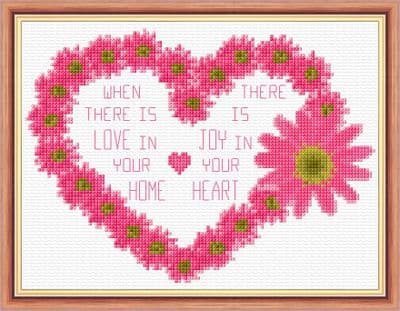 Flower Heart - Home, Love, Joy Wording - 14 Count Cross Stitch Kit