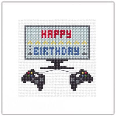 Gaming Controllers & TV: Happy Birthday Cross Stitch Card Kit | 14ct Square 5.5