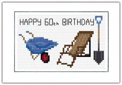 Garden Chair + Tools, Happy 50/60th Birthday ~ 14 Count Cross Stitch Card Kit