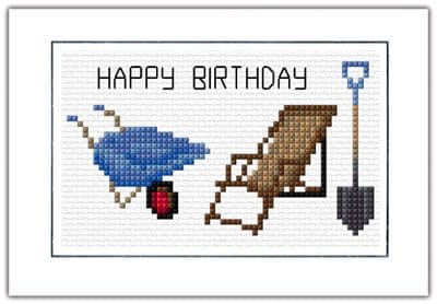 Garden Chair & Tools: Happy Birthday Cross Stitch Card Kit | 14ct A6
