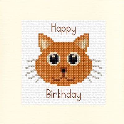 Ginger Cartoon Cat: Happy Birthday Cross Stitch Card Kit | 14ct Square 5.5