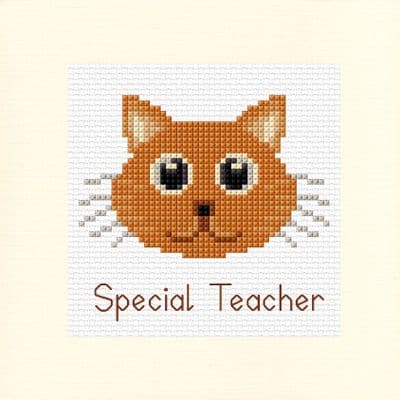Ginger Cartoon Cat: Special or Thank You Teacher Cross Stitch Card Kit | 14ct 5.5